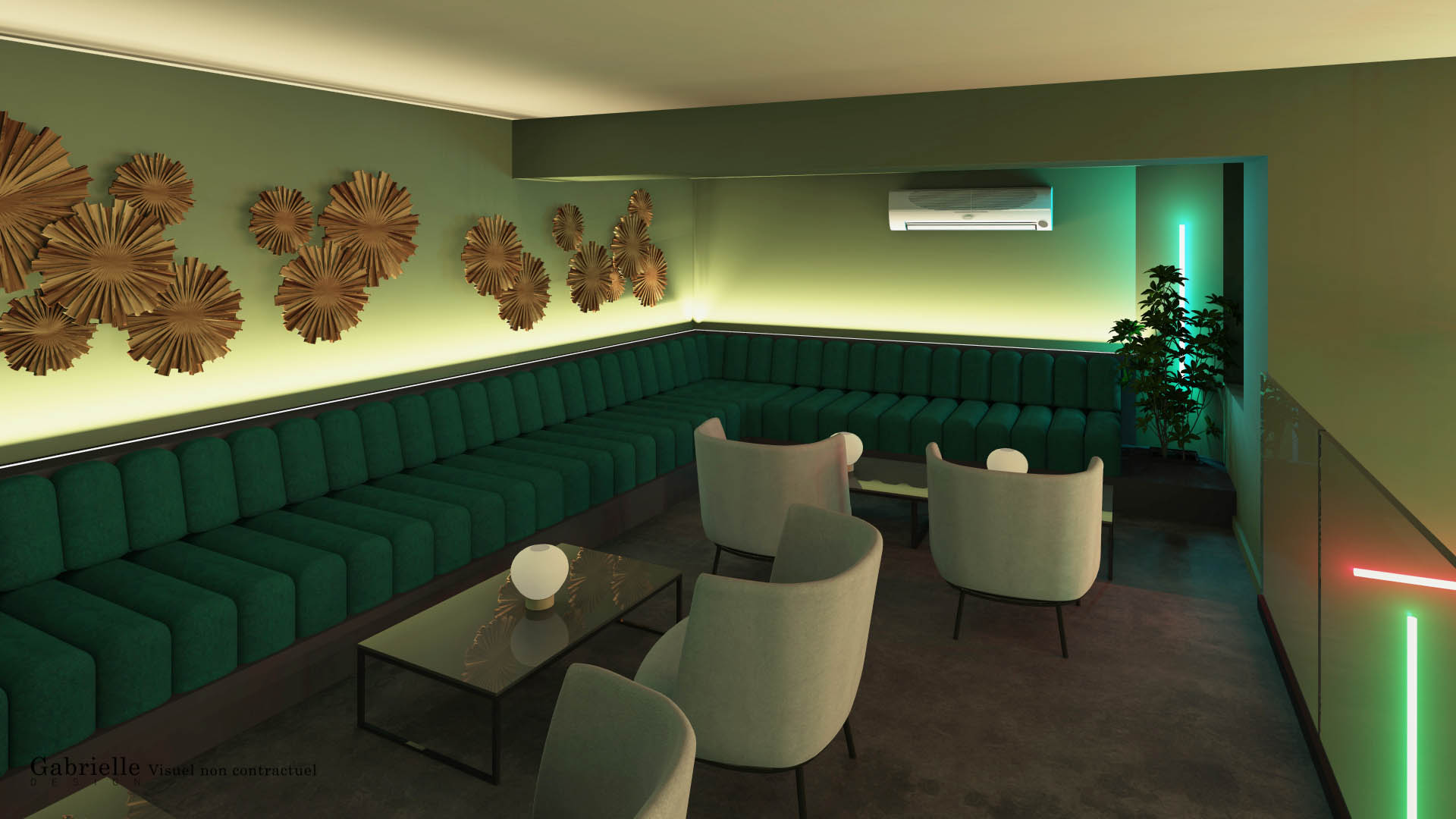 Mezzanine, néon vert, salon lounge