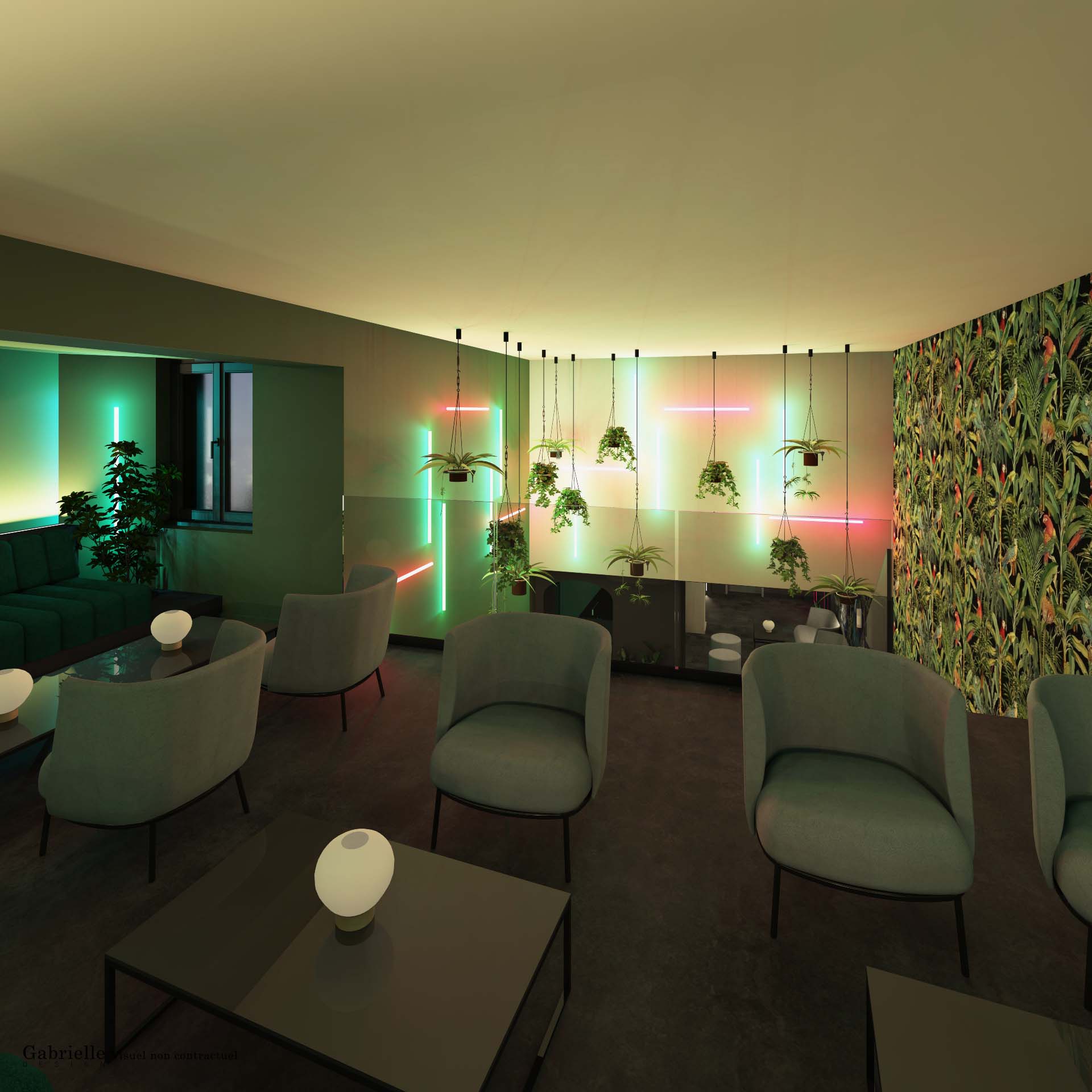 Mezzanine, vue sur le vide, néons rouge et vert, salon lounge
