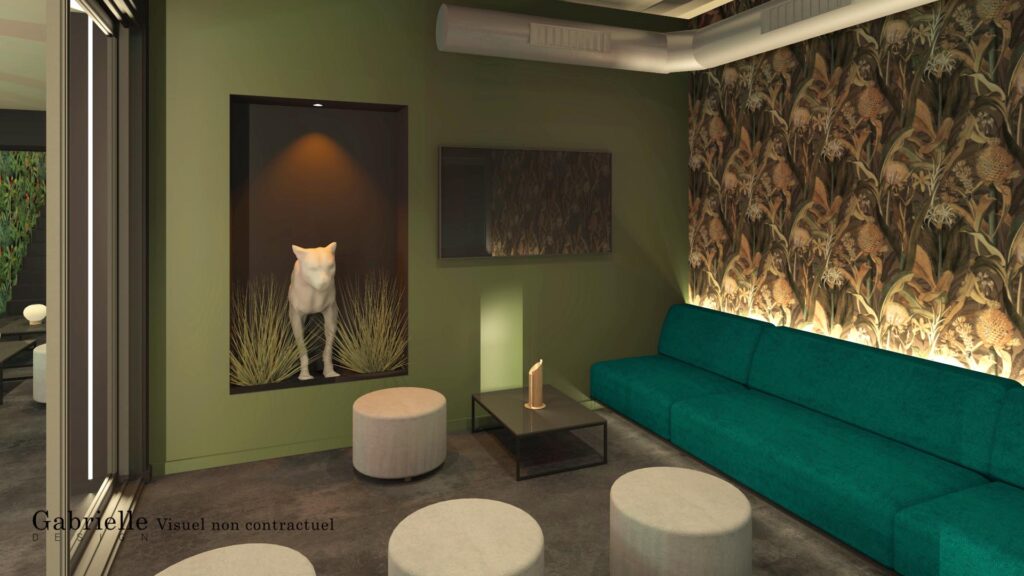 Salon lounge, décoration panthère, banquette verte, papier peint ananas