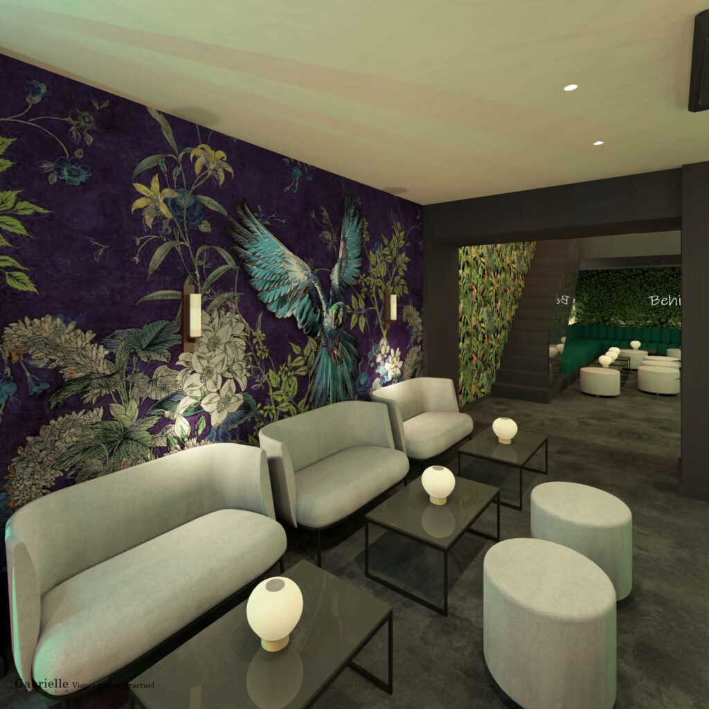 Salon en face du bar, papier peint panoramique jungle perroquet, canapé gris clair