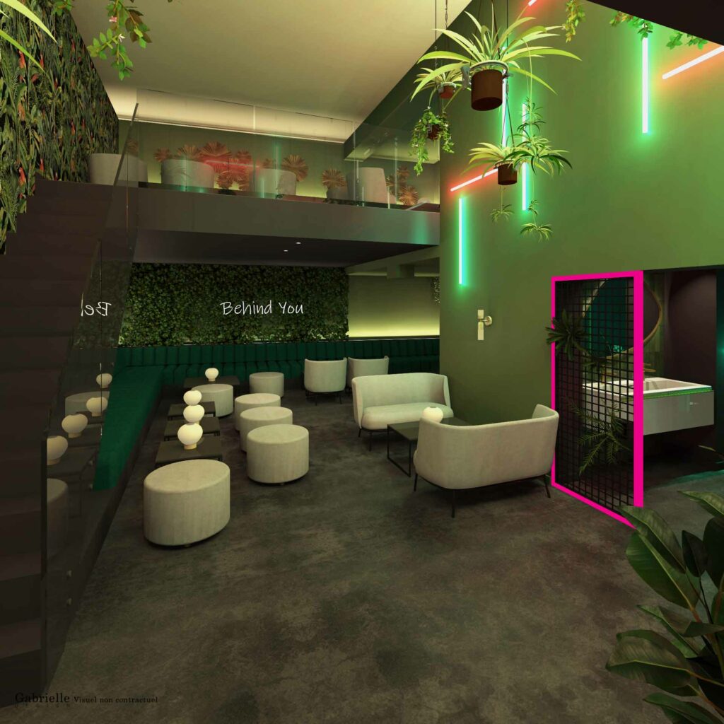 Bar, boite de nuit, salon lounge, plantes suspendues, néon vert et rouge