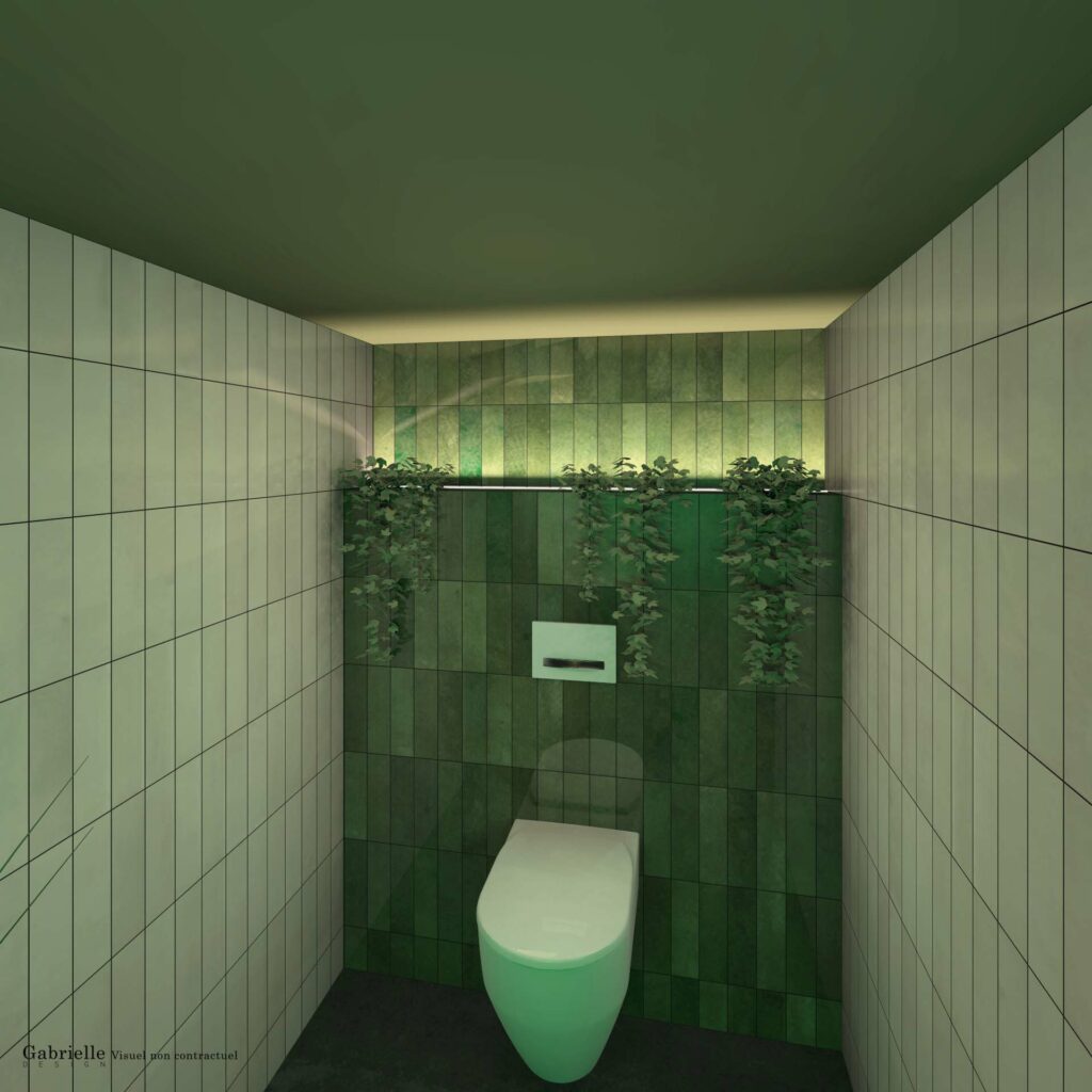 WC suspendus et faïence zellige vert et zellige beigen lumière led indirecte